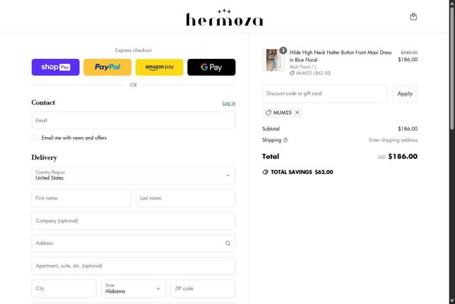 Hermoza checkout page showing Hermoza discount code box | Screenshot taken by SimplyCodes community member on May 2, 2025