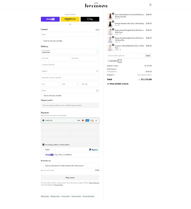 Hermoza checkout page showing Hermoza discount code box | Screenshot taken by SimplyCodes community member on Jan 25, 2025
