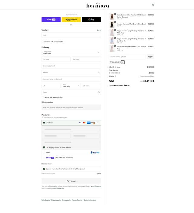 Hermoza checkout page showing Hermoza discount code box | Screenshot taken by SimplyCodes community member on Jan 19, 2025