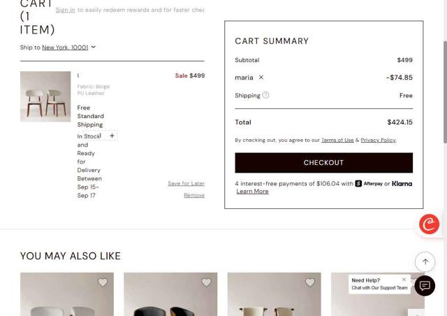 Hernest checkout page showing Hernest coupon code box | Screenshot taken by SimplyCodes community member on Sep 11, 2025