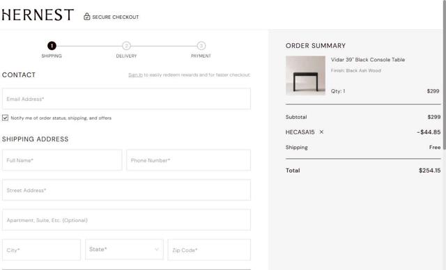 Hernest checkout page showing Hernest coupon code box | Screenshot taken by SimplyCodes community member on Sep 12, 2025