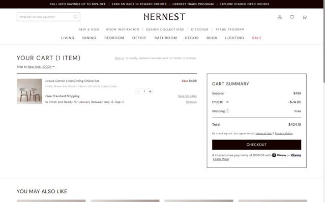 Hernest checkout page showing Hernest coupon code box | Screenshot taken by SimplyCodes community member on Sep 11, 2025
