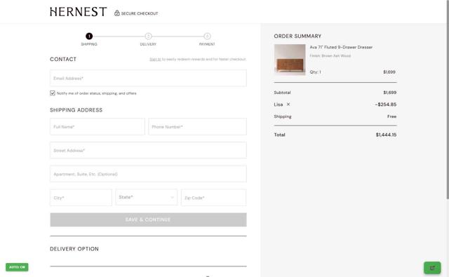 Hernest checkout page showing Hernest coupon code box | Screenshot taken by SimplyCodes community member on Sep 11, 2025