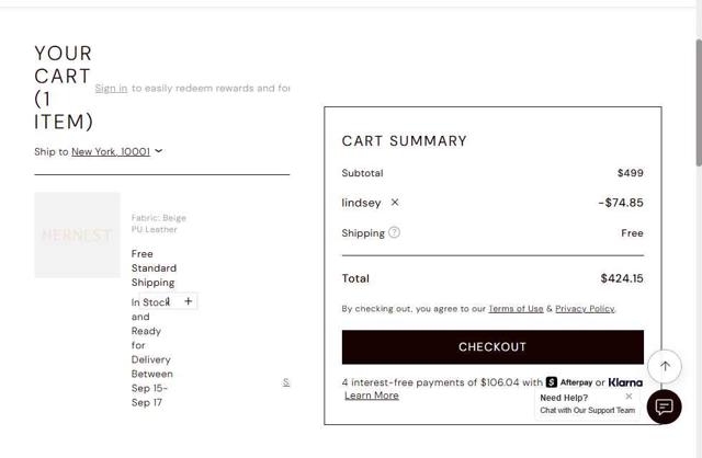 Hernest checkout page showing Hernest coupon code box | Screenshot taken by SimplyCodes community member on Sep 11, 2025