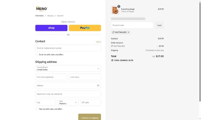 Hero Bread checkout page showing Hero Bread discount code box | Screenshot taken by SimplyCodes community member on Sep 7, 2025