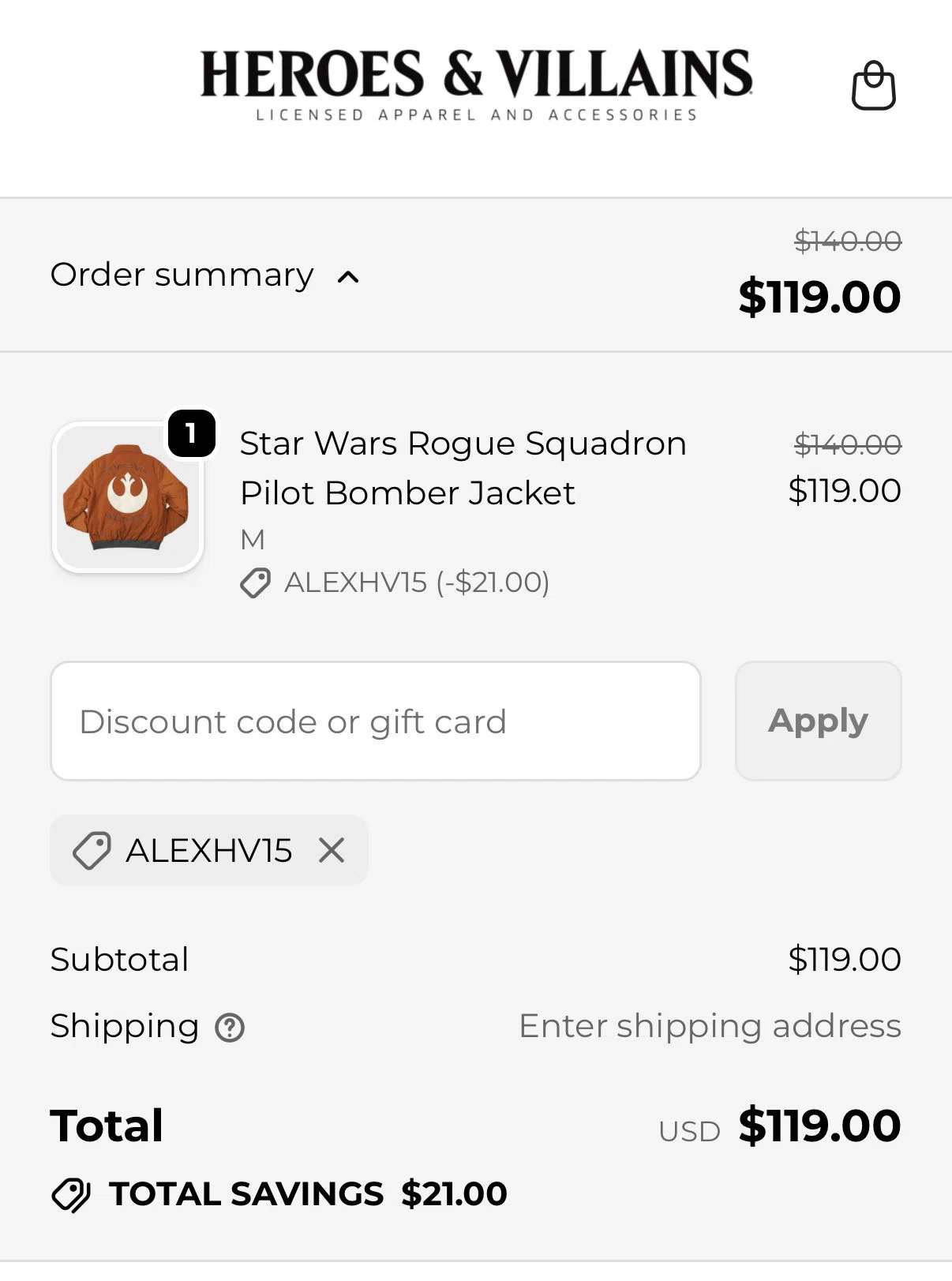 Heroes & Villains promo code screenshot showing code AlexHV15 applied at Heroes & Villains checkout page. Uploaded by SimplyCodes community member Geraldine_09 on Jan 15, 2026