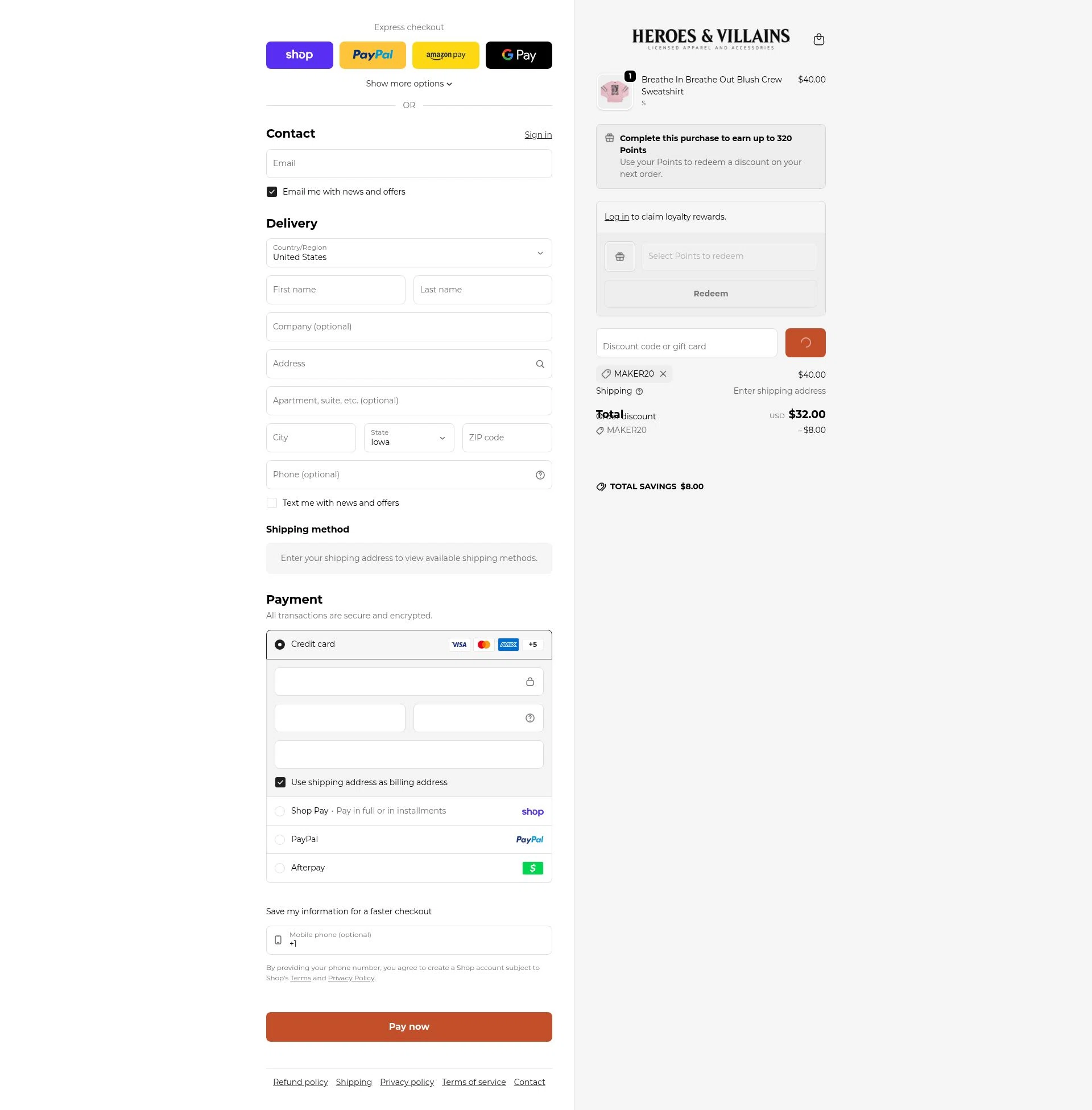 Heroes & Villains checkout page showing Heroes & Villains promo code box | Screenshot taken by SimplyCodes community member on Feb 9, 2026