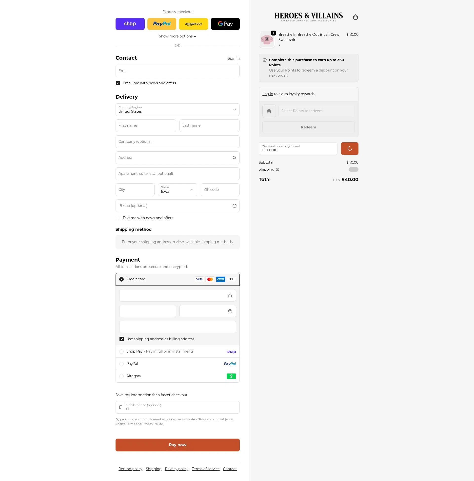 Heroes & Villains checkout page showing Heroes & Villains promo code box | Screenshot taken by SimplyCodes community member on Feb 9, 2026