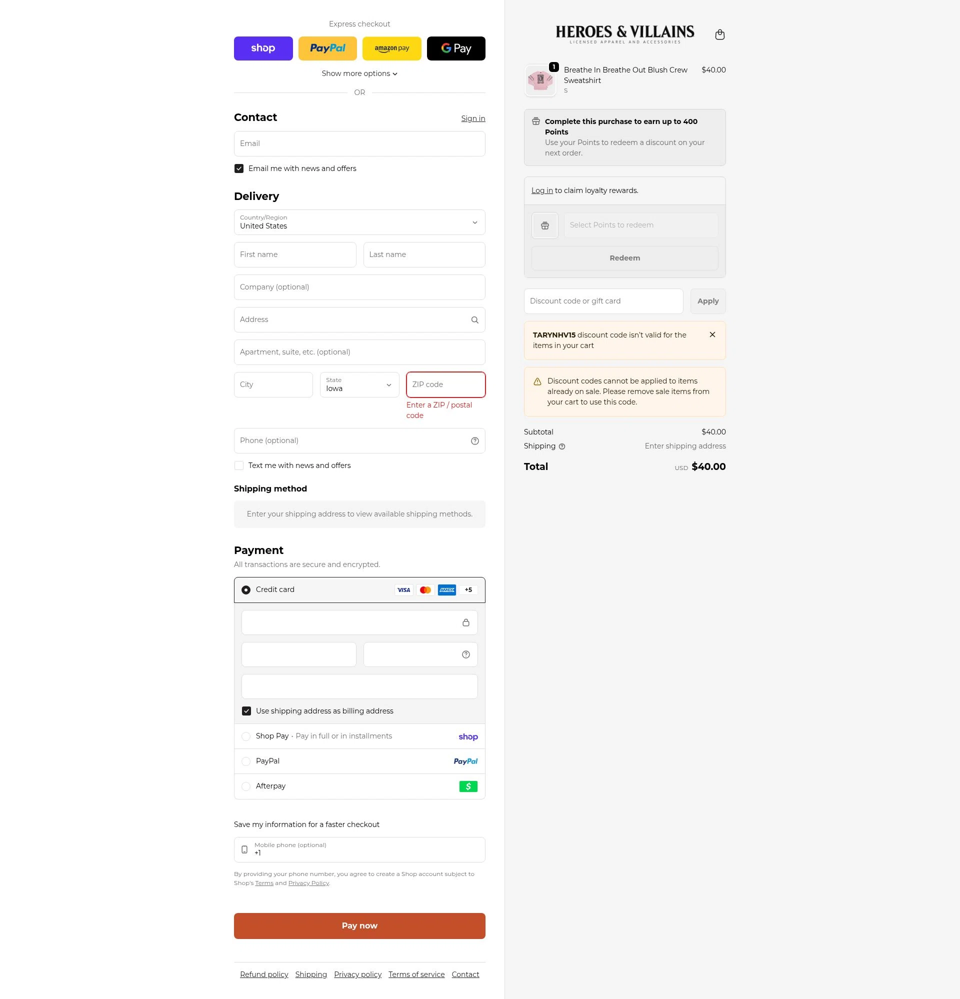 Heroes & Villains checkout page showing Heroes & Villains promo code box | Screenshot taken by SimplyCodes community member on Feb 9, 2026