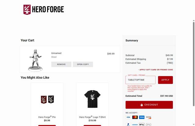 Hero Forge checkout page showing Hero Forge promo code box | Screenshot taken by SimplyCodes community member on Aug 14, 2025
