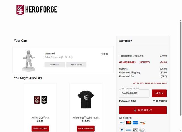Hero Forge checkout page showing Hero Forge promo code box | Screenshot taken by SimplyCodes community member on Aug 14, 2025