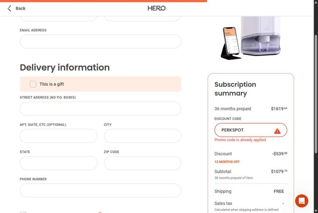 Hero Health checkout page showing Hero Health promo code box | Screenshot taken by SimplyCodes community member on Aug 17, 2025