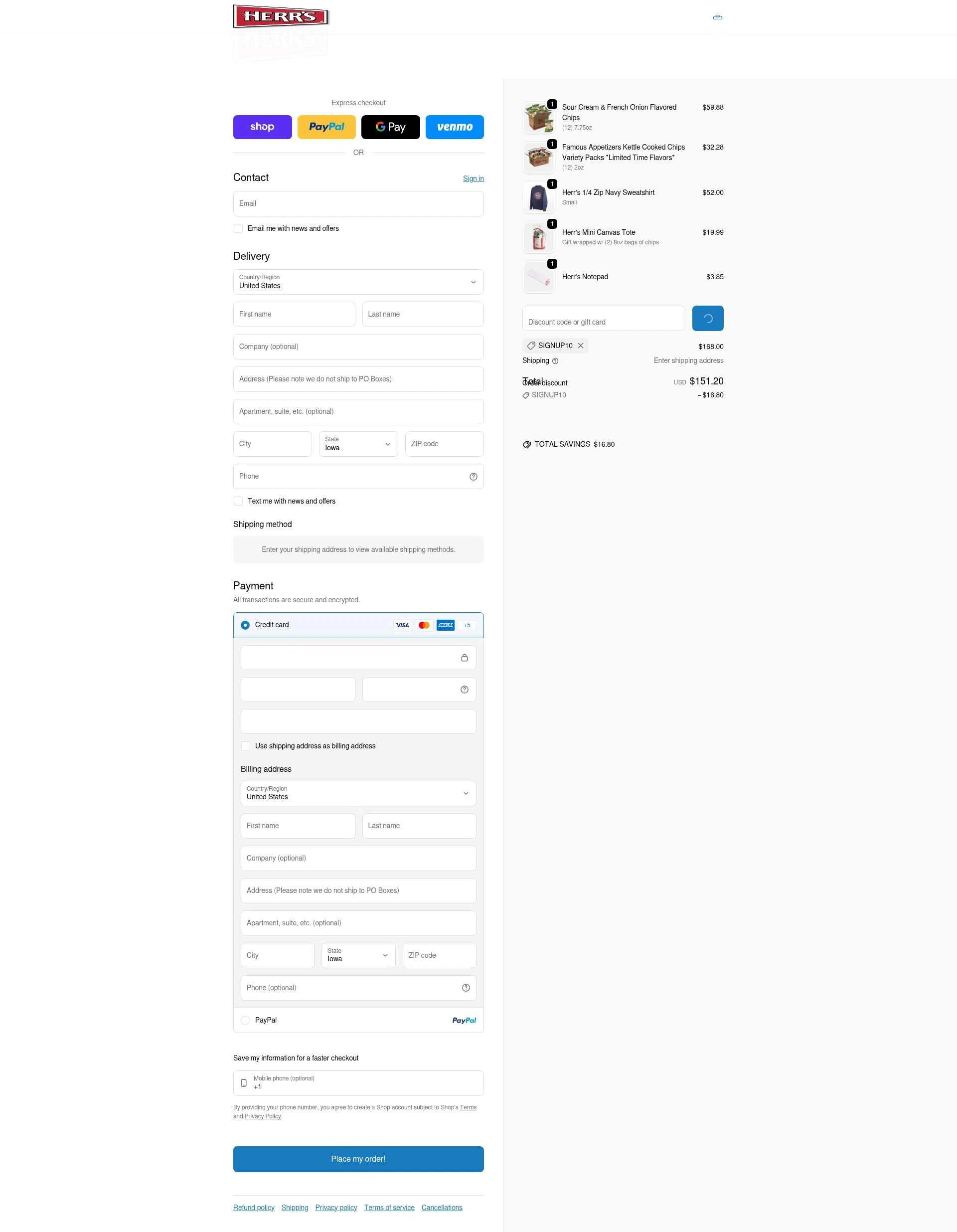 Herr's checkout page showing Herr's coupon code box | Screenshot taken by SimplyCodes community member on Jan 31, 2026