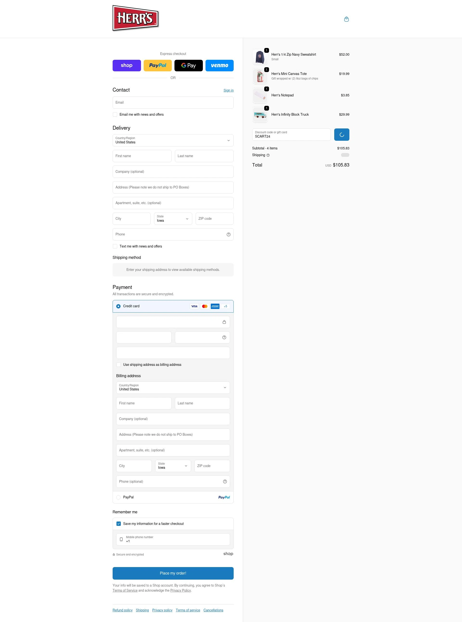 Herr's checkout page showing Herr's coupon code box | Screenshot taken by SimplyCodes community member on Jan 22, 2026