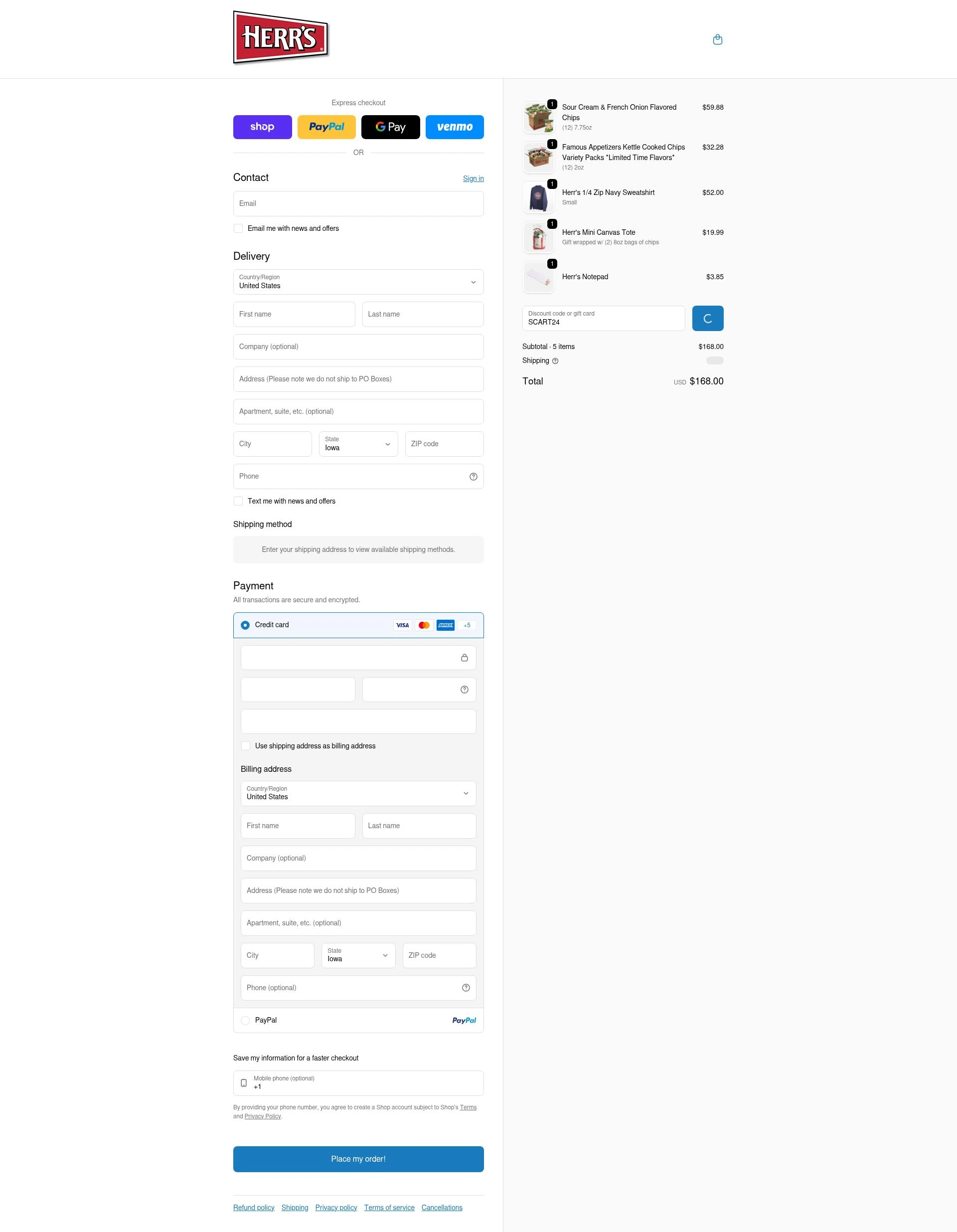 Herr's checkout page showing Herr's coupon code box | Screenshot taken by SimplyCodes community member on Feb 4, 2026