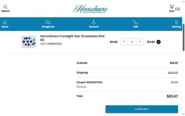 Herrschners checkout page showing Herrschners coupon code box | Screenshot taken by SimplyCodes community member on Aug 19, 2025