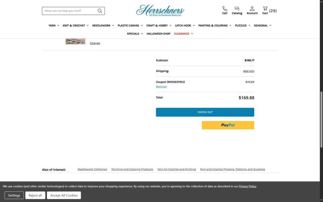 Herrschners checkout page showing Herrschners coupon code box | Screenshot taken by SimplyCodes community member on Aug 30, 2025