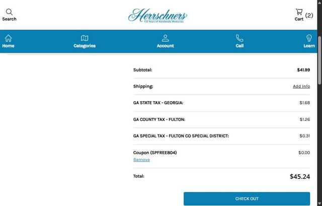Herrschners checkout page showing Herrschners coupon code box | Screenshot taken by SimplyCodes community member on Aug 3, 2025