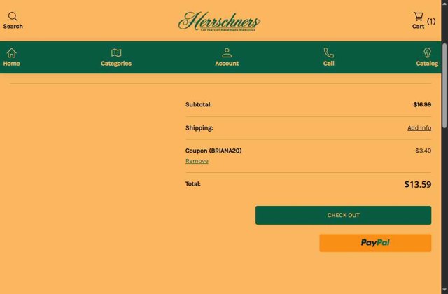 Herrschners checkout page showing Herrschners coupon code box | Screenshot taken by SimplyCodes community member on Sep 3, 2025