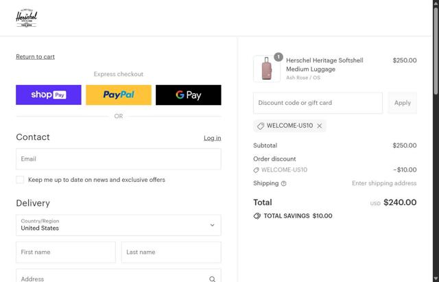Herschel Supply Co. checkout page showing Herschel Supply Co. discount code box | Screenshot taken by SimplyCodes community member on Aug 21, 2025
