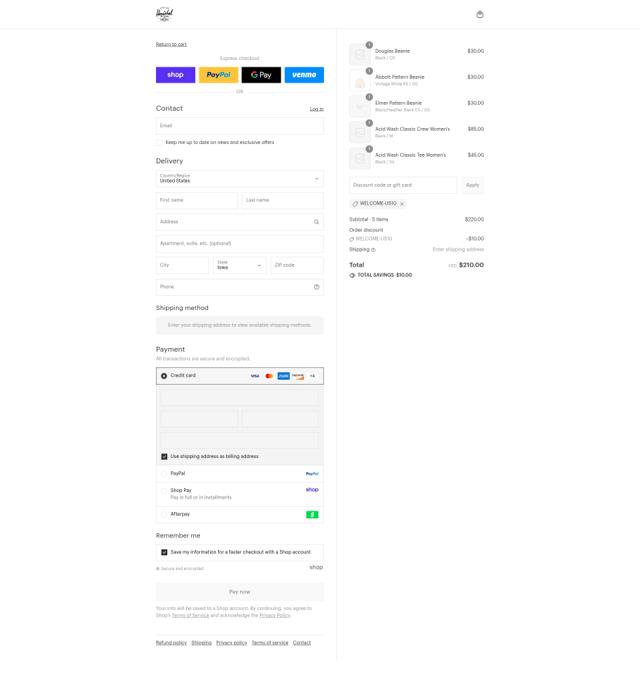 Herschel Supply Co. checkout page showing Herschel Supply Co. discount code box | Screenshot taken by SimplyCodes community member on Sep 4, 2025