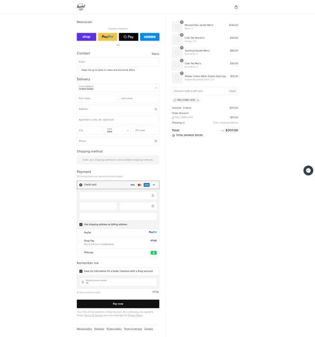 Herschel Supply Co. checkout page showing Herschel Supply Co. discount code box | Screenshot taken by SimplyCodes community member on Sep 12, 2025