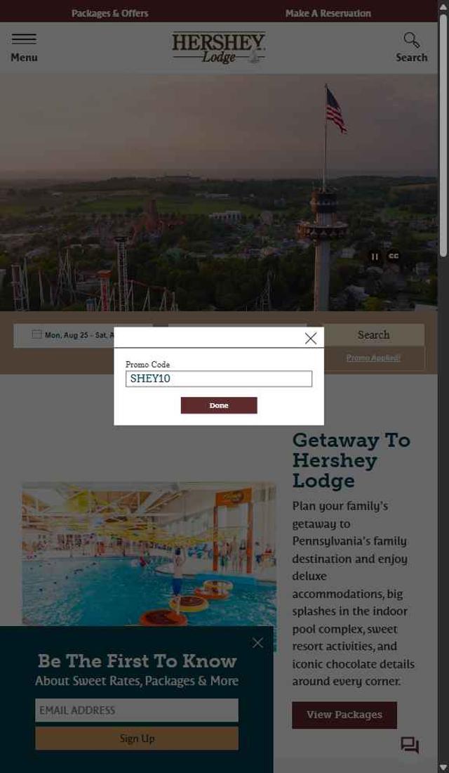 Hershey Lodge checkout page showing Hershey Lodge promo code box | Screenshot taken by SimplyCodes community member on Aug 25, 2025