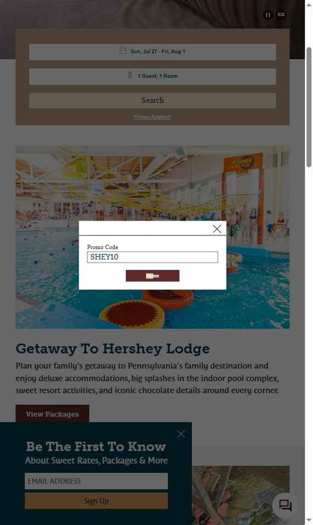 Hershey Lodge checkout page showing Hershey Lodge promo code box | Screenshot taken by SimplyCodes community member on Jul 27, 2025