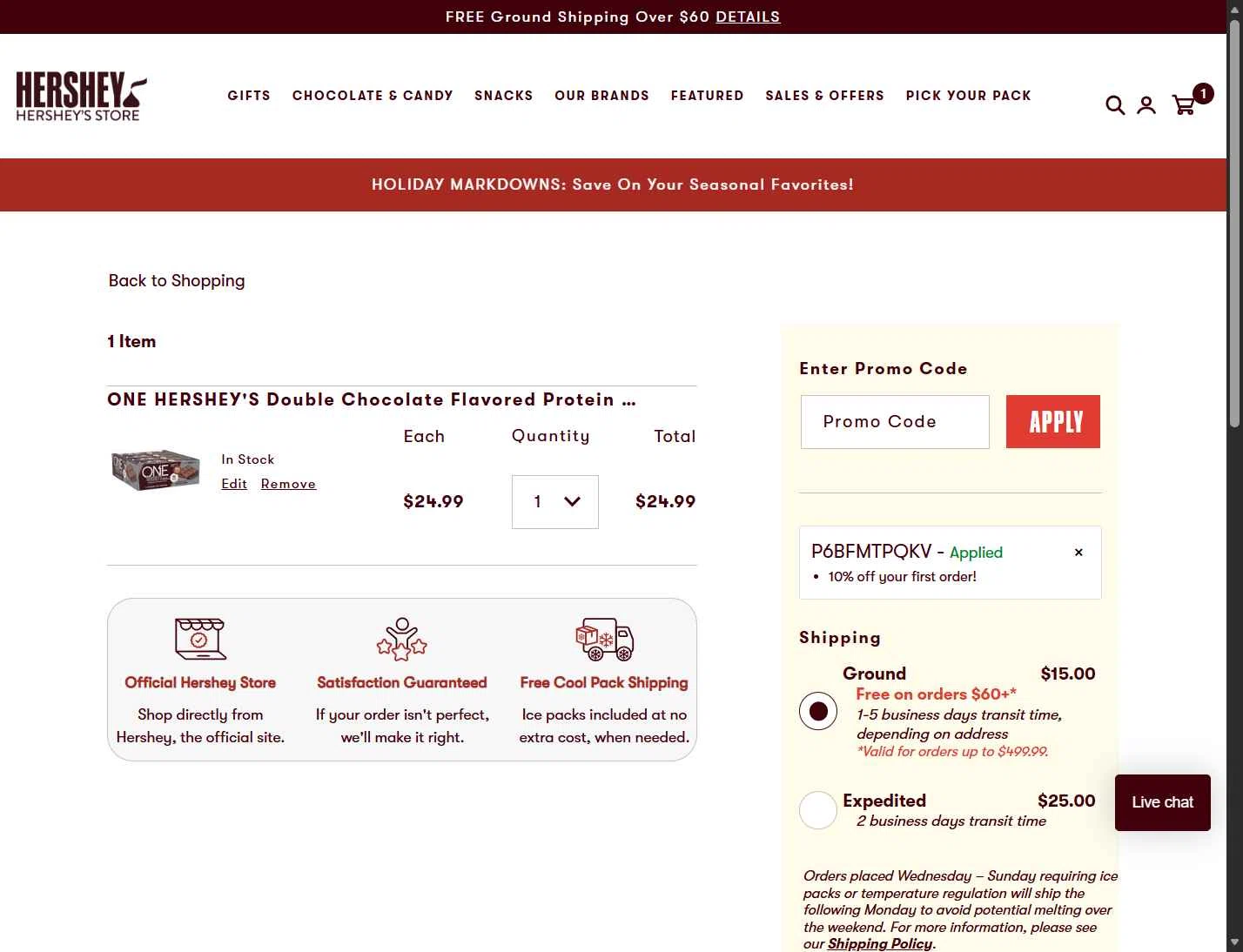 Hershey's Store checkout page showing Hershey's Store promo code box | Screenshot taken by SimplyCodes community member on Jan 3, 2026