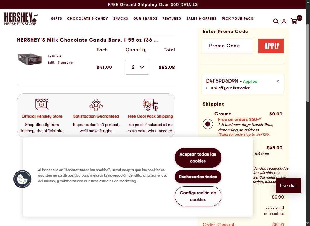 Hershey's Store checkout page showing Hershey's Store promo code box | Screenshot taken by SimplyCodes community member on Jan 3, 2026