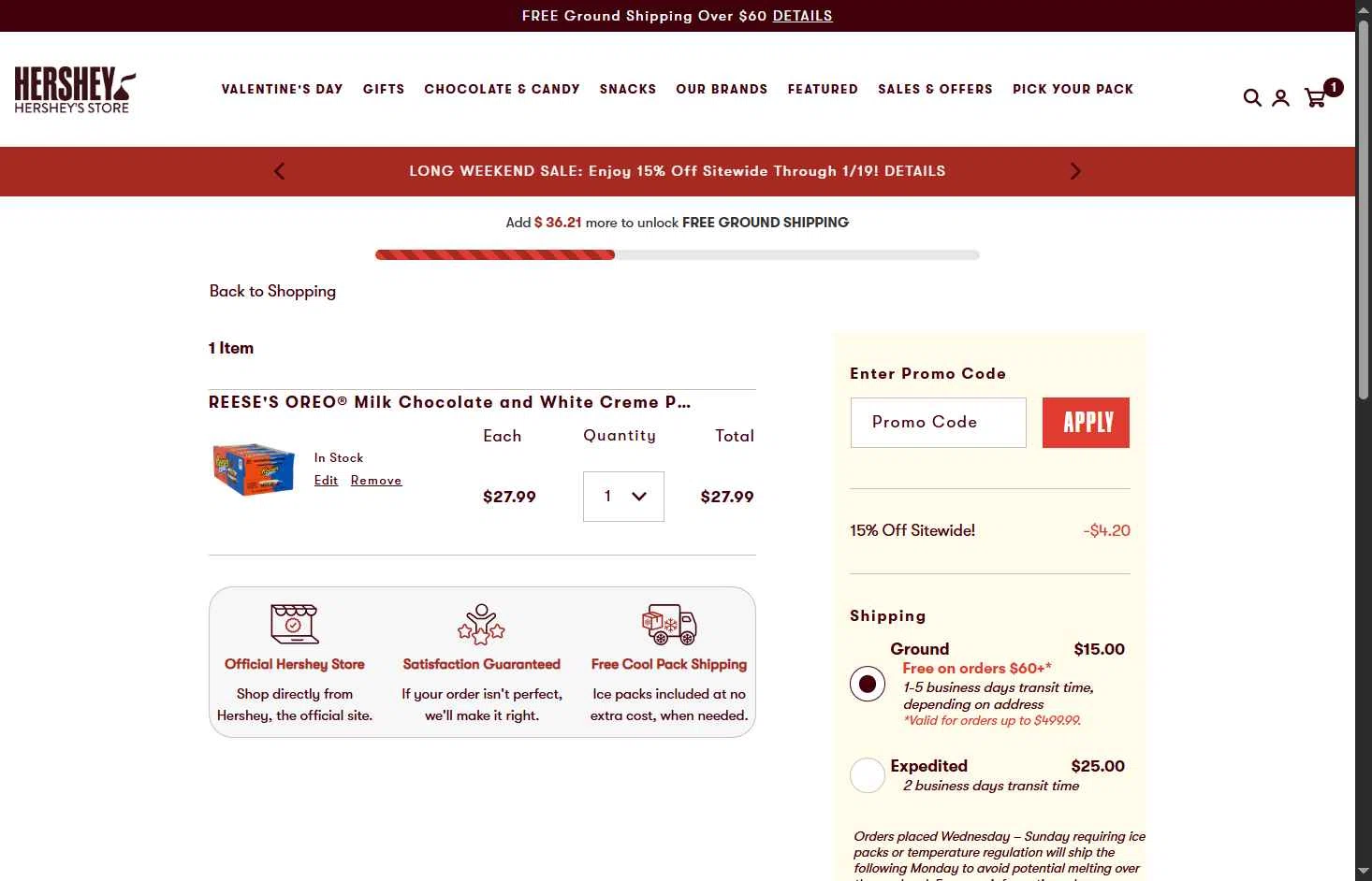 Hershey's Store checkout page showing Hershey's Store promo code box | Screenshot taken by SimplyCodes community member on Jan 17, 2026