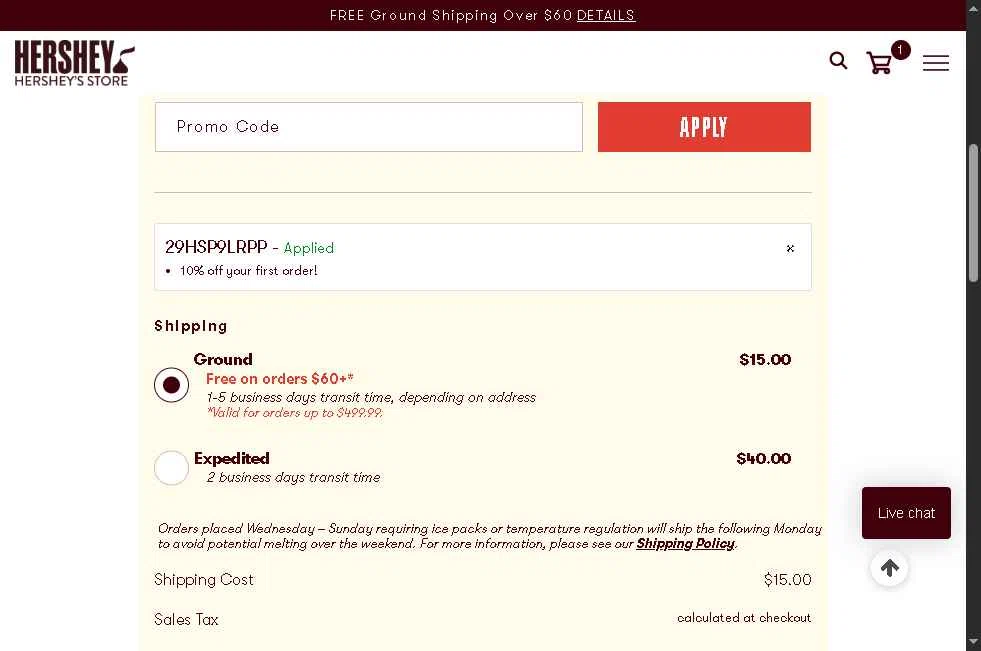 Hershey's Store checkout page showing Hershey's Store promo code box | Screenshot taken by SimplyCodes community member on Jan 3, 2026