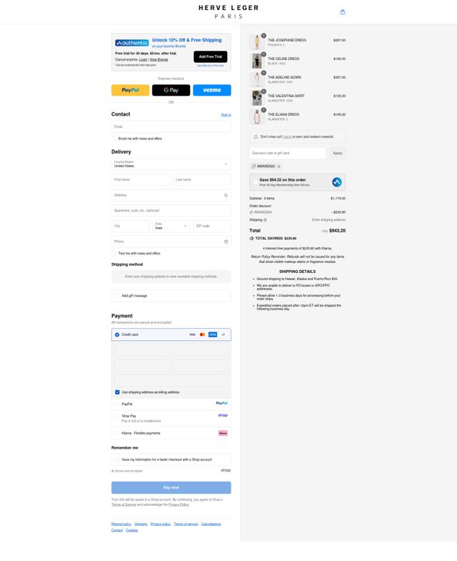 Herve Leger checkout page showing Herve Leger promo code box | Screenshot taken by SimplyCodes community member on Sep 14, 2025