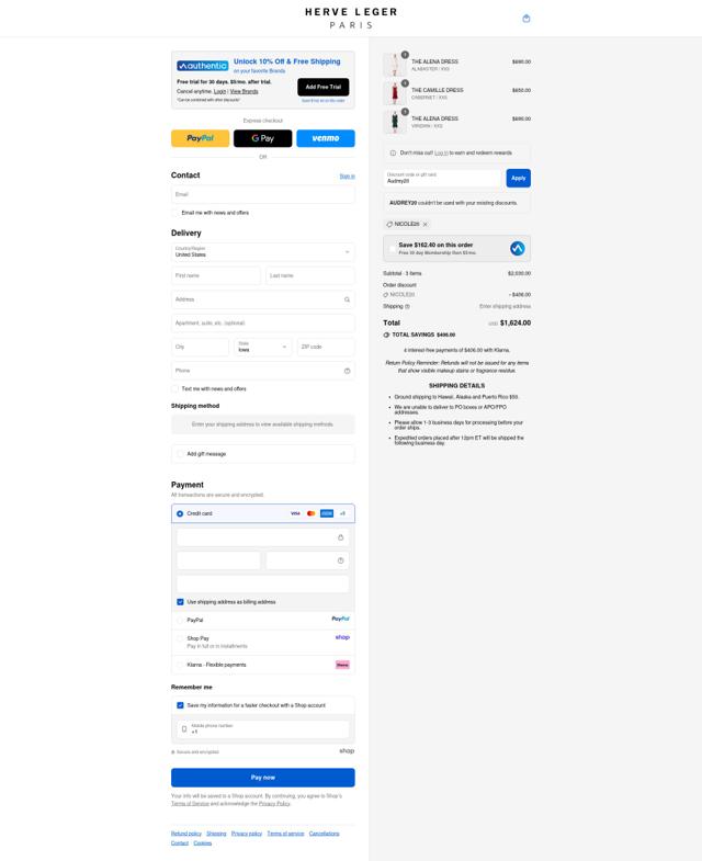 Herve Leger checkout page showing Herve Leger promo code box | Screenshot taken by SimplyCodes community member on Sep 10, 2025