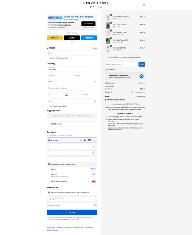 Herve Leger checkout page showing Herve Leger promo code box | Screenshot taken by SimplyCodes community member on Sep 14, 2025