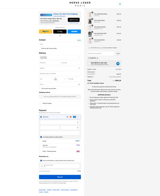 Herve Leger checkout page showing Herve Leger promo code box | Screenshot taken by SimplyCodes community member on Sep 14, 2025