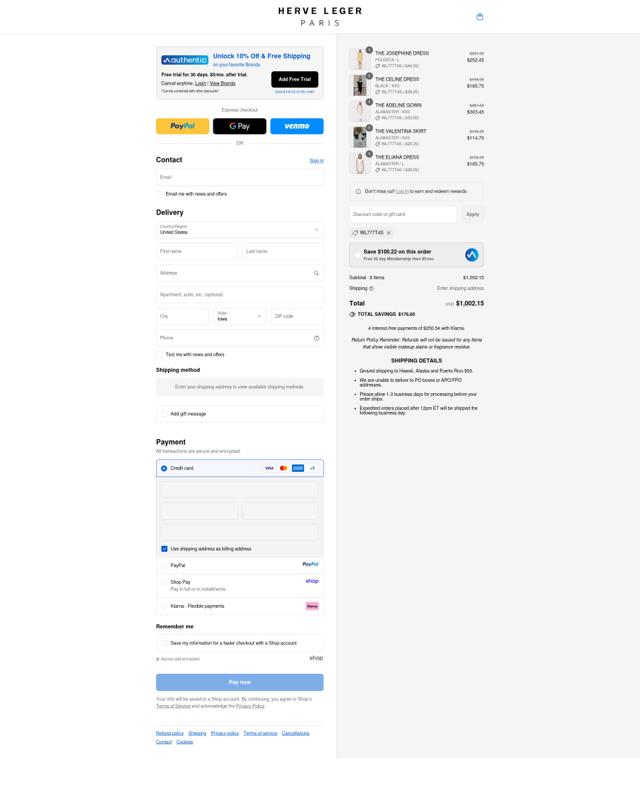Herve Leger checkout page showing Herve Leger promo code box | Screenshot taken by SimplyCodes community member on Sep 14, 2025