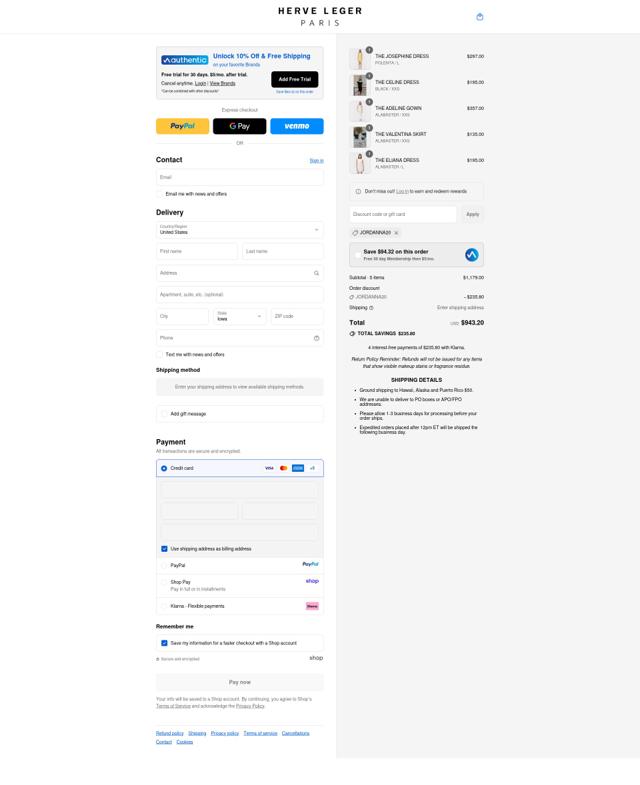 Herve Leger checkout page showing Herve Leger promo code box | Screenshot taken by SimplyCodes community member on Sep 14, 2025