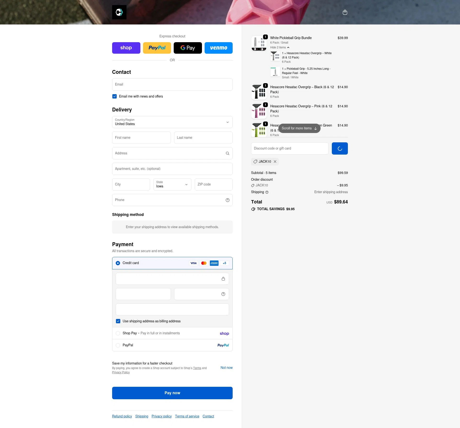 Hesacore Pickleball Grip checkout page showing Hesacore Pickleball Grip promo code box | Screenshot taken by SimplyCodes community member on Feb 17, 2026