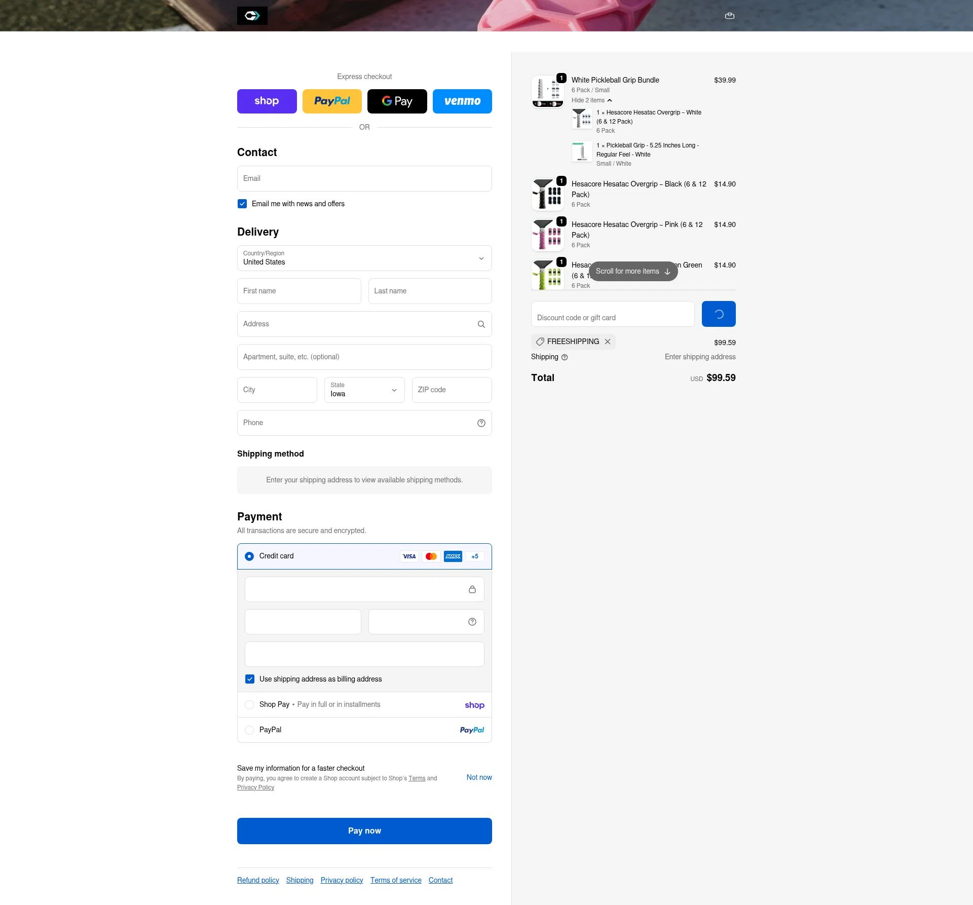 Hesacore Pickleball Grip checkout page showing Hesacore Pickleball Grip promo code box | Screenshot taken by SimplyCodes community member on Feb 17, 2026