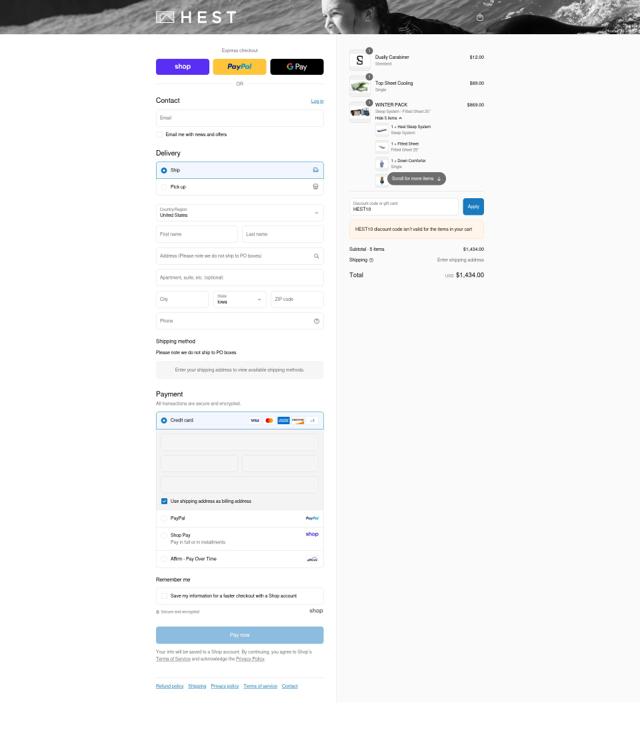 Hest checkout page showing Hest discount code box | Screenshot taken by SimplyCodes community member on Sep 7, 2025