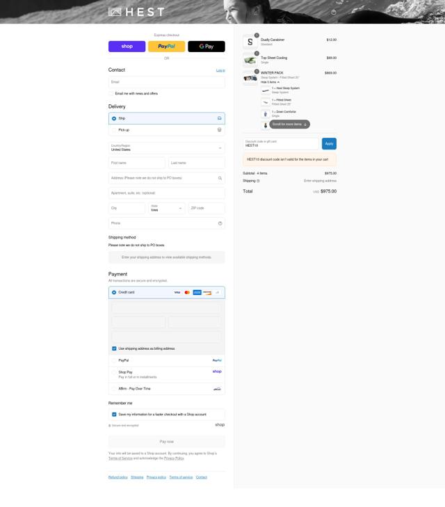 Hest checkout page showing Hest discount code box | Screenshot taken by SimplyCodes community member on Sep 3, 2025