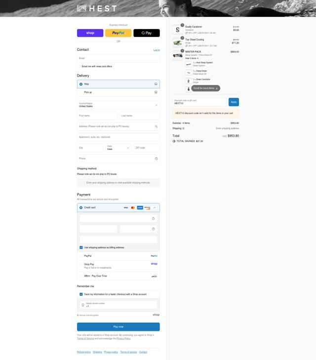 Hest checkout page showing Hest discount code box | Screenshot taken by SimplyCodes community member on Aug 30, 2025