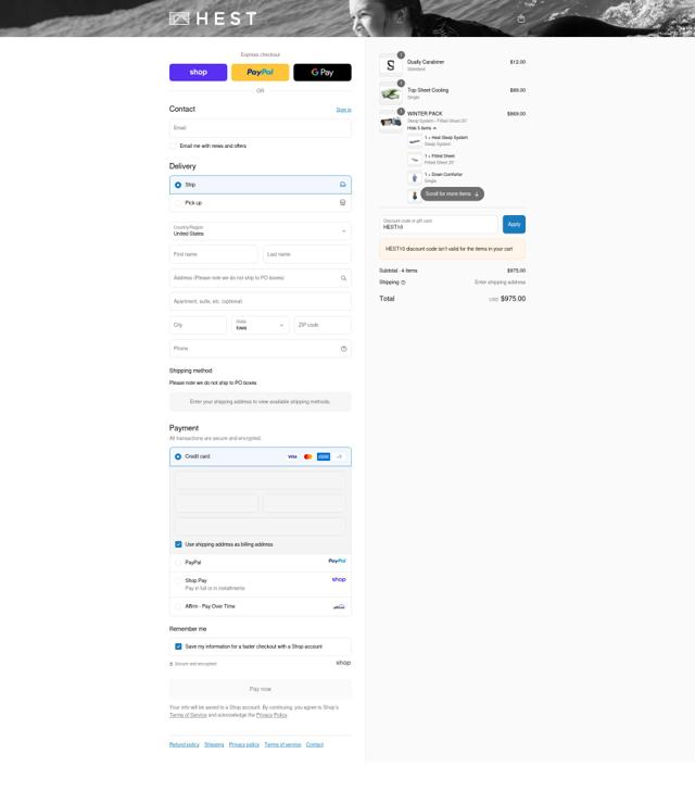 Hest checkout page showing Hest discount code box | Screenshot taken by SimplyCodes community member on Sep 11, 2025