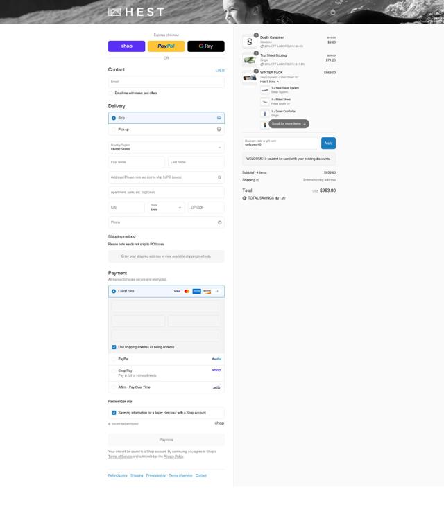 Hest checkout page showing Hest discount code box | Screenshot taken by SimplyCodes community member on Aug 30, 2025