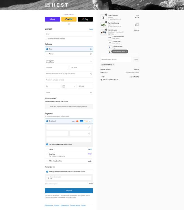 Hest checkout page showing Hest discount code box | Screenshot taken by SimplyCodes community member on Sep 3, 2025