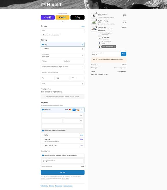 Hest checkout page showing Hest discount code box | Screenshot taken by SimplyCodes community member on Aug 26, 2025