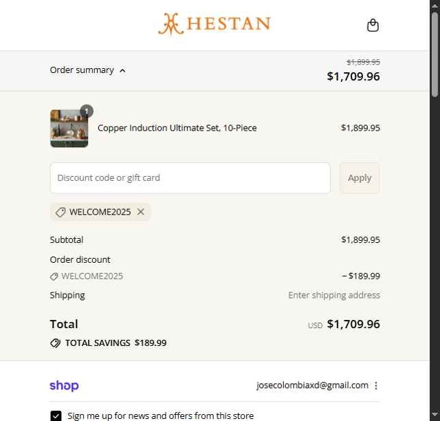 Hestan Culinary checkout page showing Hestan Culinary discount code box | Screenshot taken by SimplyCodes community member on Sep 3, 2025