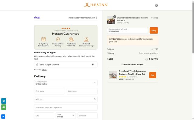 Hestan Culinary checkout page showing Hestan Culinary discount code box | Screenshot taken by SimplyCodes community member on Sep 4, 2025