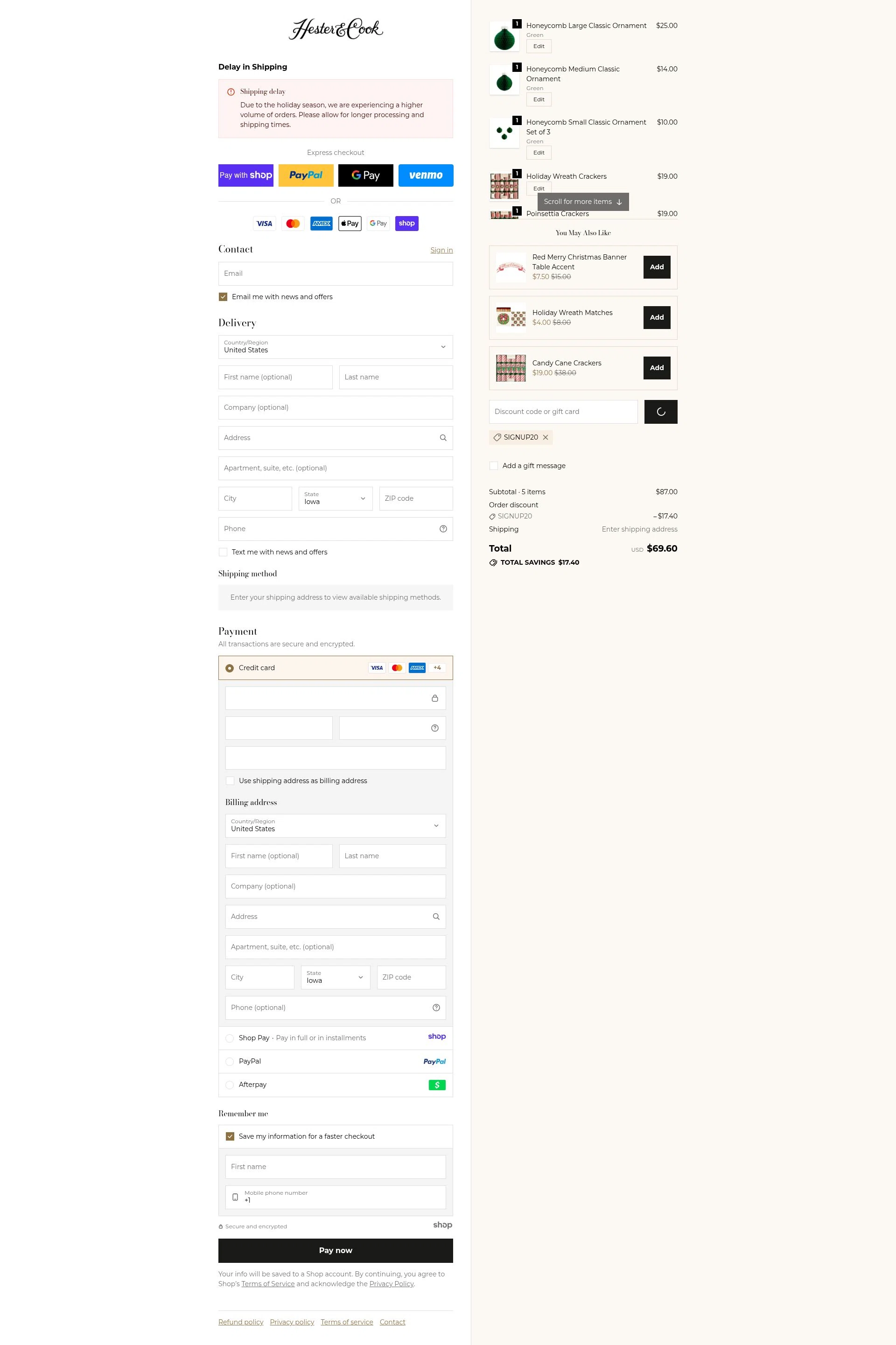 Hester & Cook checkout page showing Hester & Cook promo code box | Screenshot taken by SimplyCodes community member on Jan 7, 2026